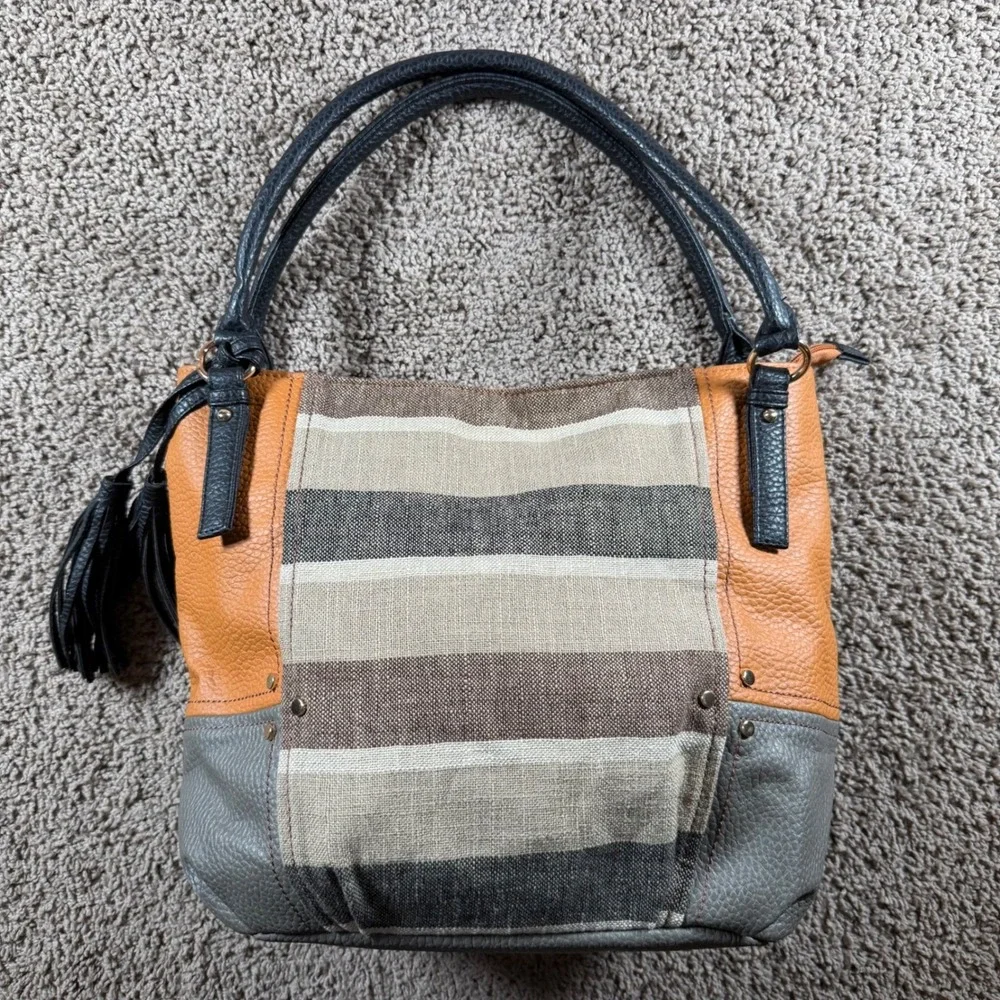 Hobo purse Shoulder Bag Tan Brown Stripe Tassel tote preppy chic everyday boho‎